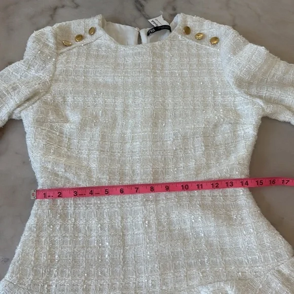 ZARA White Boucle Tweed Peplum Side Gold Button Structured Mini Dress Sz S NWOT - Picture 9 of 14